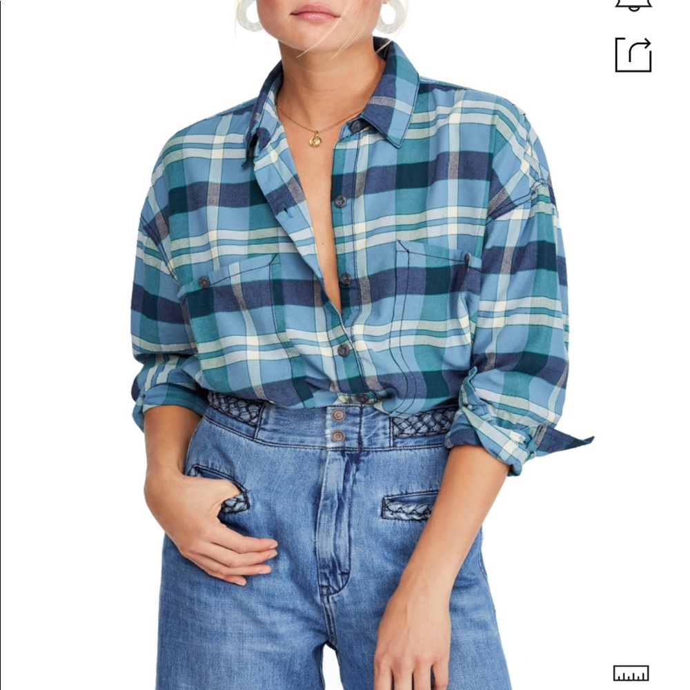 Free People Plaid Button Down Blouse
